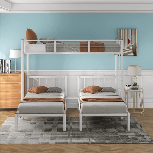 "Transformable Metal Triple Twin Bunk Bed - Perfect for Kids, Teens, and Adults - Divide into 4 Separate Beds - Stylish White Finish"