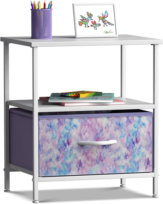 Creative Kids1 Drawer Shelf Storage Nightstand - Kids Bedside Table Night Stand with Steel Frame Wood Top & Easy Pull Fabric Bins. Dresser & Chest for Home Bedroom Accessories Office & College