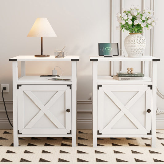 Farmhouse Chic Set of 2 White Nightstands for Bedroom - Perfect Bedside Tables for Your Home