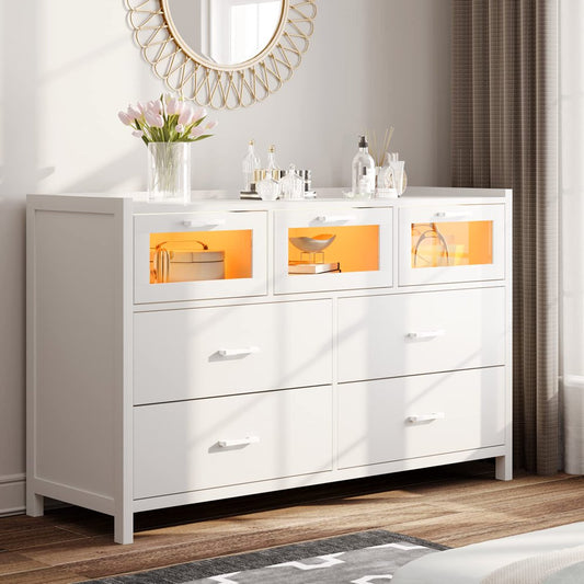 White 7 Drawer Dresser for Bedroom,with LED Lights,Chests of Drawers, Bedroom Closet Wooden Long Kids Dresser for Kids Room Hallway